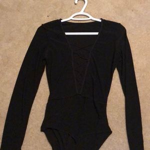 Black long sleeve cut out v neck bodysuit